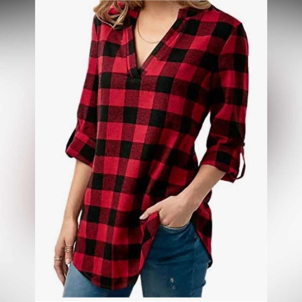 Kyerivs Women’s Buffalo Plaid Shirt V-neck Lg.Sleeve Blouse Top,Blk/Red,2 Size M
